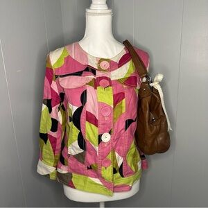 Y2K Retro Mod Linen Jacket – Colorblock Pink Green Abstract Print